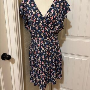 Pink and Blue Flutter Sleeve Wrap Mini Dress